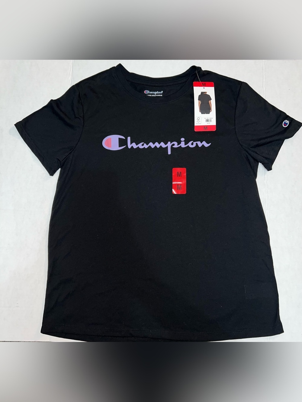Champion Black Short Sleeve Tee with Lilac Logo
